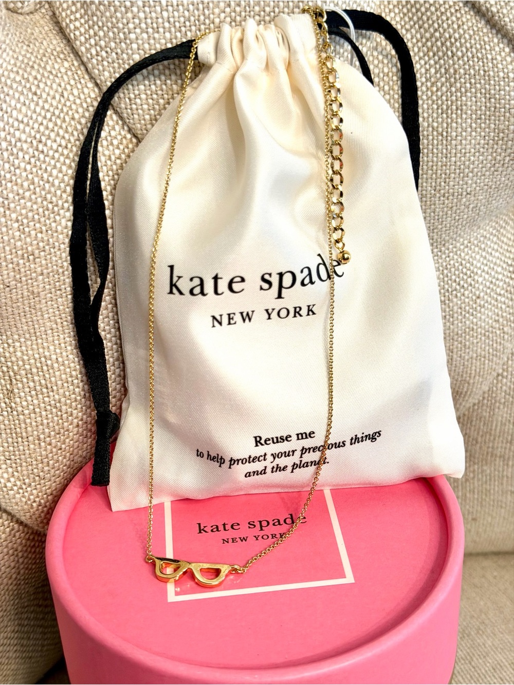 NEW Kate Spade Goreski Glasses Mini Pendant Necklace Yellow Gold Tone 16"-19"